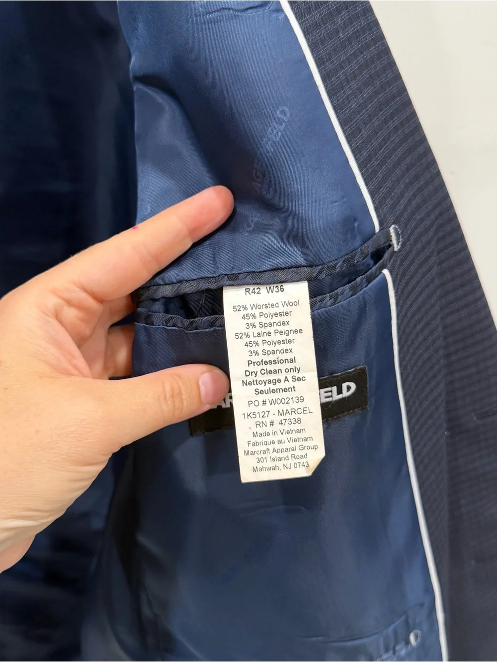 Karl Lagerfeld Marcel Modern Fit Wool Blend Navy Checkered Suit 42R Pants 36W